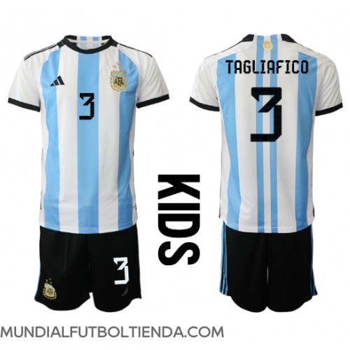 Camiseta Argentina Nicolas Tagliafico #3 Primera Equipación Replica Mundial 2022 para niños mangas cortas (+ Pantalones cortos)